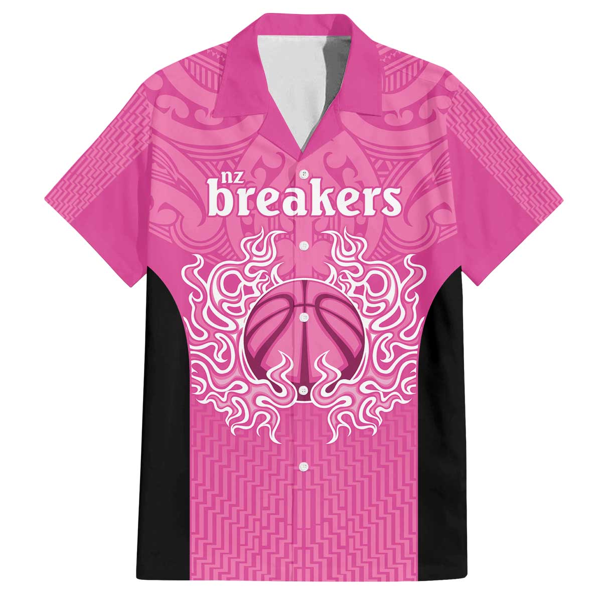 New Zealand Custom Family Matching Off The Shoulder Long Sleeve Dress and Hawaiian Shirt Fire Basketball Maori Tribal Pink - Polynesian Pride