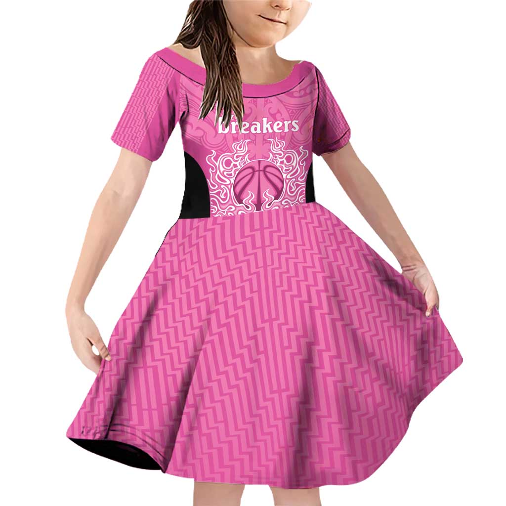 New Zealand Custom Family Matching Off Shoulder Short Dress and Hawaiian Shirt Fire Basketball Maori Tribal Pink LT9 Daughter's Dress Pink - Polynesian Pride