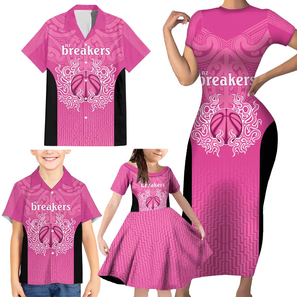 New Zealand Custom Family Matching Short Sleeve Bodycon Dress and Hawaiian Shirt Fire Basketball Maori Tribal Pink LT9 - Polynesian Pride