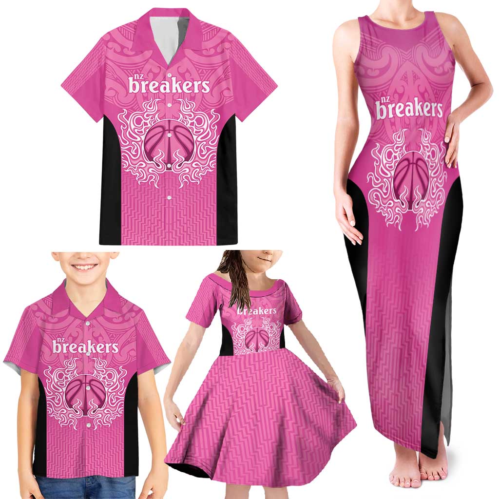 New Zealand Custom Family Matching Tank Maxi Dress and Hawaiian Shirt Fire Basketball Maori Tribal Pink LT9 - Polynesian Pride