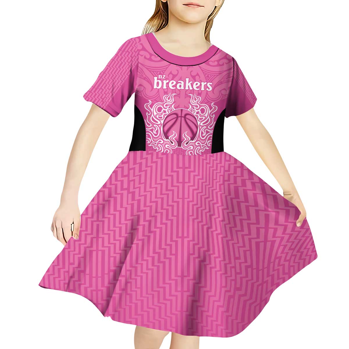 New Zealand Custom Kid Short Sleeve Dress Fire Basketball Maori Tribal Pink - Polynesian Pride