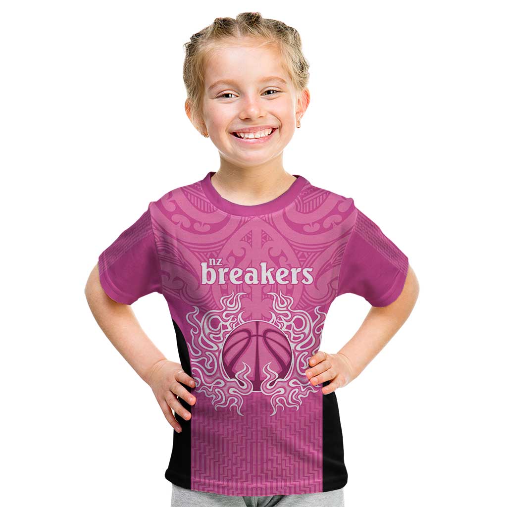 New Zealand Custom Kid T Shirt Fire Basketball Maori Tribal Pink - Polynesian Pride