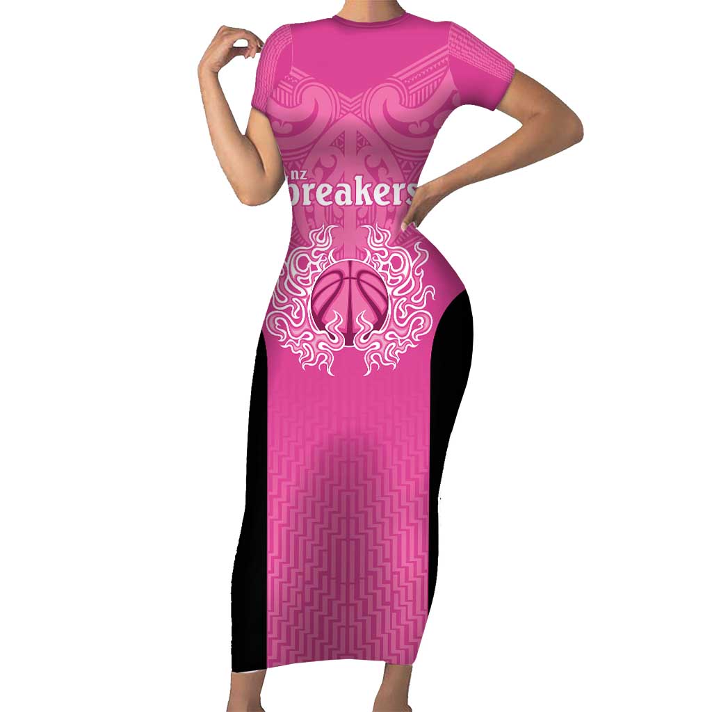 New Zealand Custom Short Sleeve Bodycon Dress Fire Basketball Maori Tribal Pink LT9 Long Dress Pink - Polynesian Pride