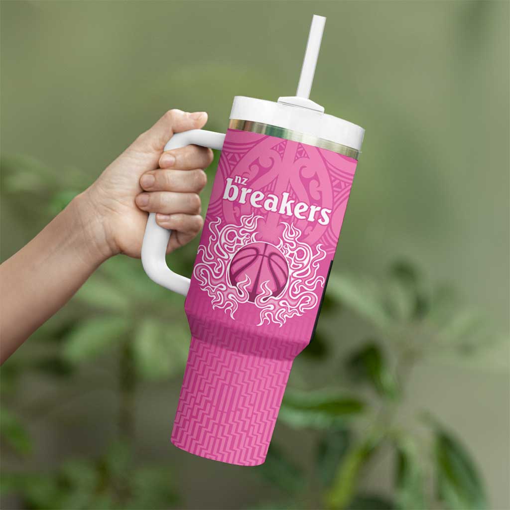 New Zealand Custom Tumbler With Handle Fire Basketball Maori Tribal Pink - Polynesian Pride