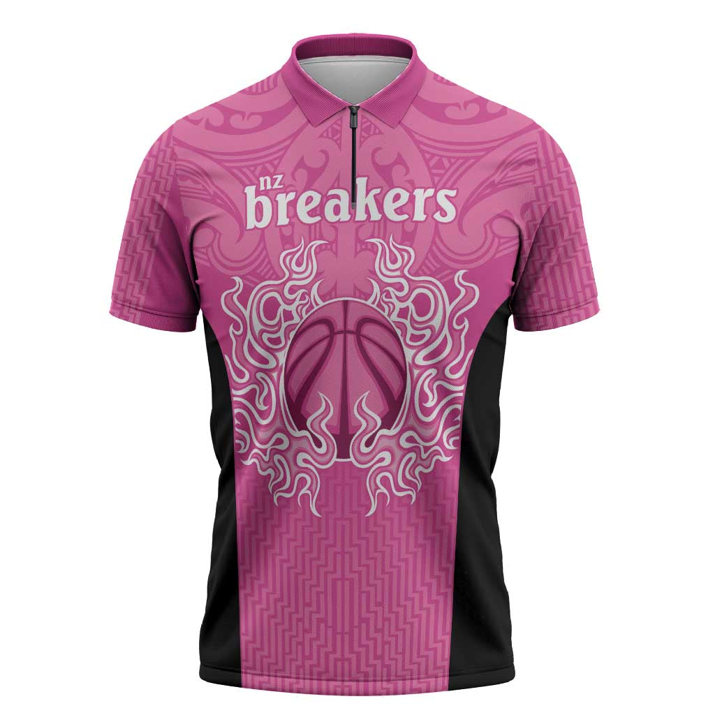 New Zealand Custom Zipper Polo Shirt Fire Basketball Maori Tribal Pink - Polynesian Pride