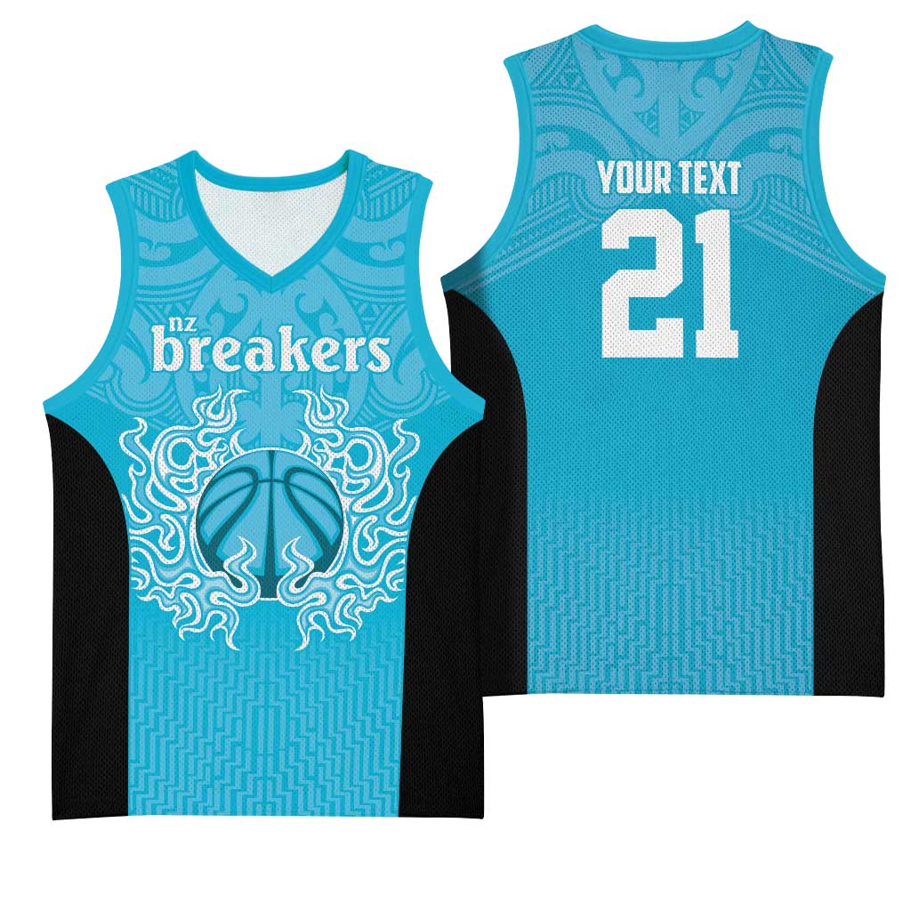 New Zealand Custom Basketball Jersey Fire Basketball Maori Tribal Sky Blue - Polynesian Pride