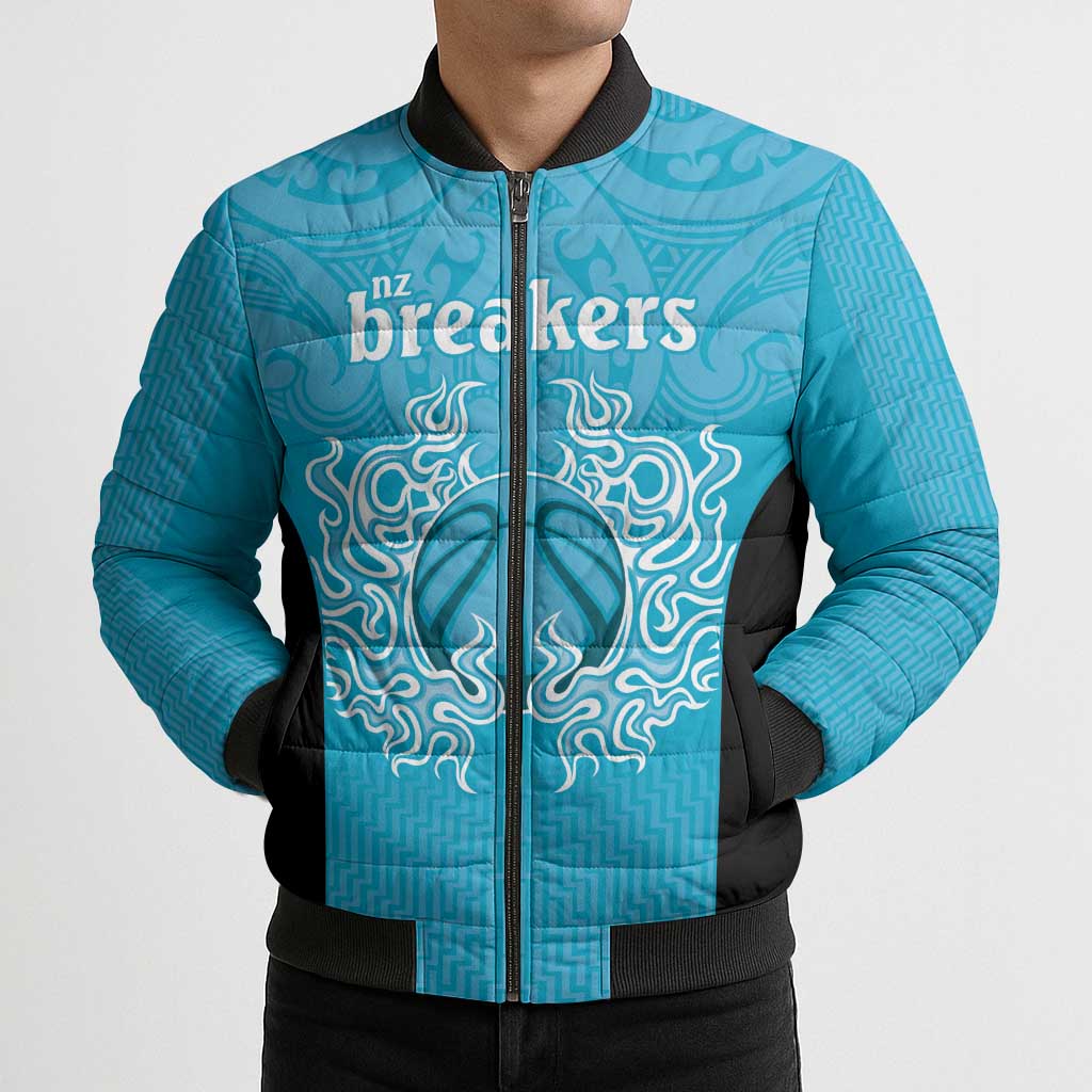New Zealand Custom Bomber Puffer Jacket Fire Basketball Maori Tribal Sky Blue - Polynesian Pride