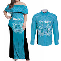 New Zealand Custom Couples Matching Off Shoulder Maxi Dress and Long Sleeve Button Shirt Fire Basketball Maori Tribal Sky Blue LT9 Blue - Polynesian Pride