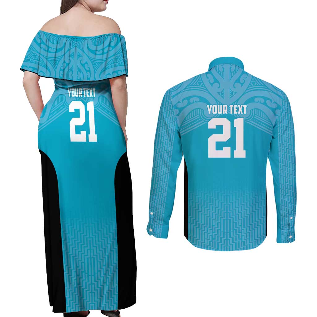 New Zealand Custom Couples Matching Off Shoulder Maxi Dress and Long Sleeve Button Shirt Fire Basketball Maori Tribal Sky Blue LT9 - Polynesian Pride