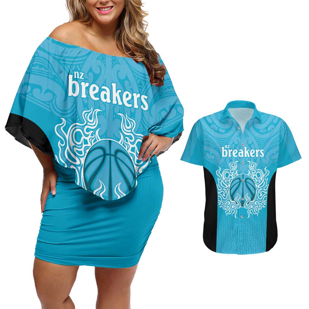 New Zealand Custom Couples Matching Off Shoulder Short Dress and Hawaiian Shirt Fire Basketball Maori Tribal Sky Blue LT9 Blue - Polynesian Pride