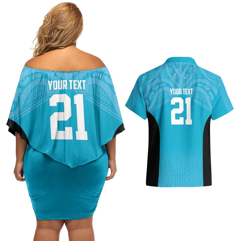 New Zealand Custom Couples Matching Off Shoulder Short Dress and Hawaiian Shirt Fire Basketball Maori Tribal Sky Blue LT9 - Polynesian Pride