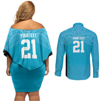 New Zealand Custom Couples Matching Off Shoulder Short Dress and Long Sleeve Button Shirt Fire Basketball Maori Tribal Sky Blue LT9 - Polynesian Pride