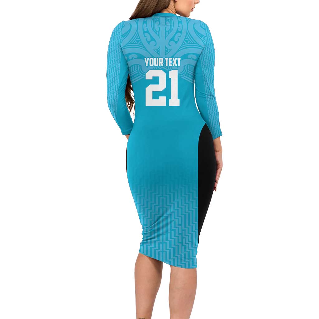 New Zealand Custom Family Matching Long Sleeve Bodycon Dress and Hawaiian Shirt Fire Basketball Maori Tribal Sky Blue LT9 - Polynesian Pride