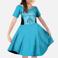 New Zealand Custom Family Matching Off Shoulder Maxi Dress and Hawaiian Shirt Fire Basketball Maori Tribal Sky Blue LT9 Daughter's Dress Blue - Polynesian Pride