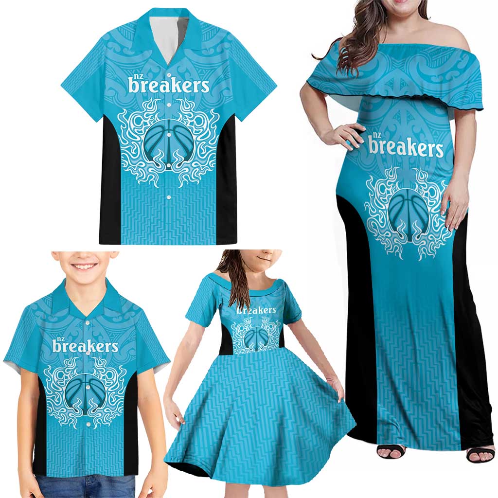 New Zealand Custom Family Matching Off Shoulder Maxi Dress and Hawaiian Shirt Fire Basketball Maori Tribal Sky Blue LT9 - Polynesian Pride