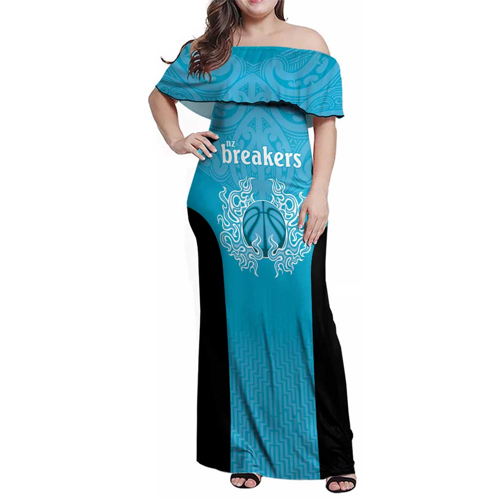 New Zealand Custom Family Matching Off Shoulder Maxi Dress and Hawaiian Shirt Fire Basketball Maori Tribal Sky Blue LT9 Mom's Dress Blue - Polynesian Pride