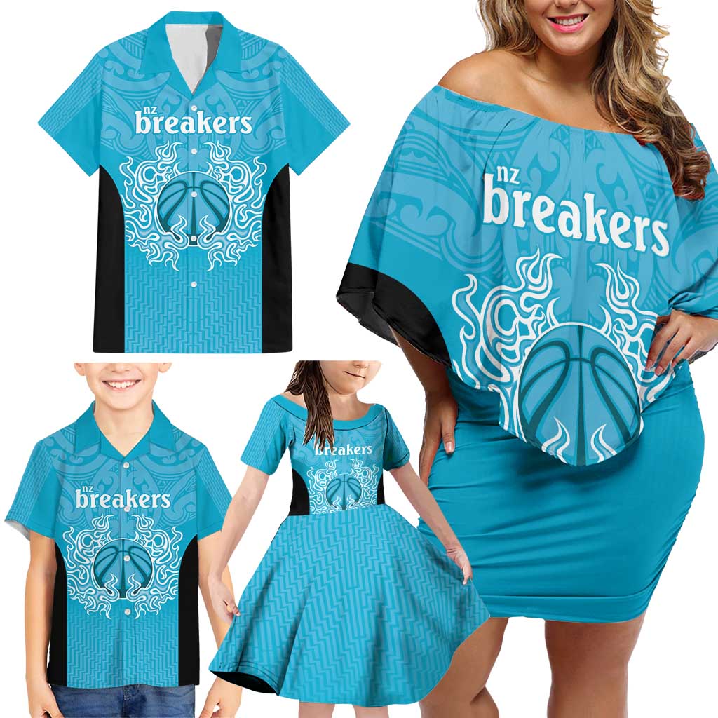 New Zealand Custom Family Matching Off Shoulder Short Dress and Hawaiian Shirt Fire Basketball Maori Tribal Sky Blue - Polynesian Pride