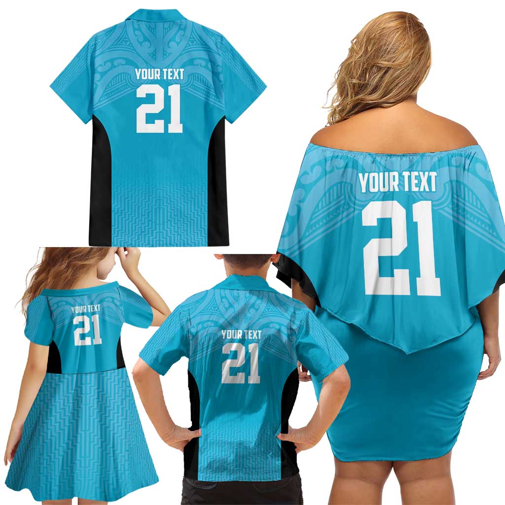 New Zealand Custom Family Matching Off Shoulder Short Dress and Hawaiian Shirt Fire Basketball Maori Tribal Sky Blue LT9 - Polynesian Pride
