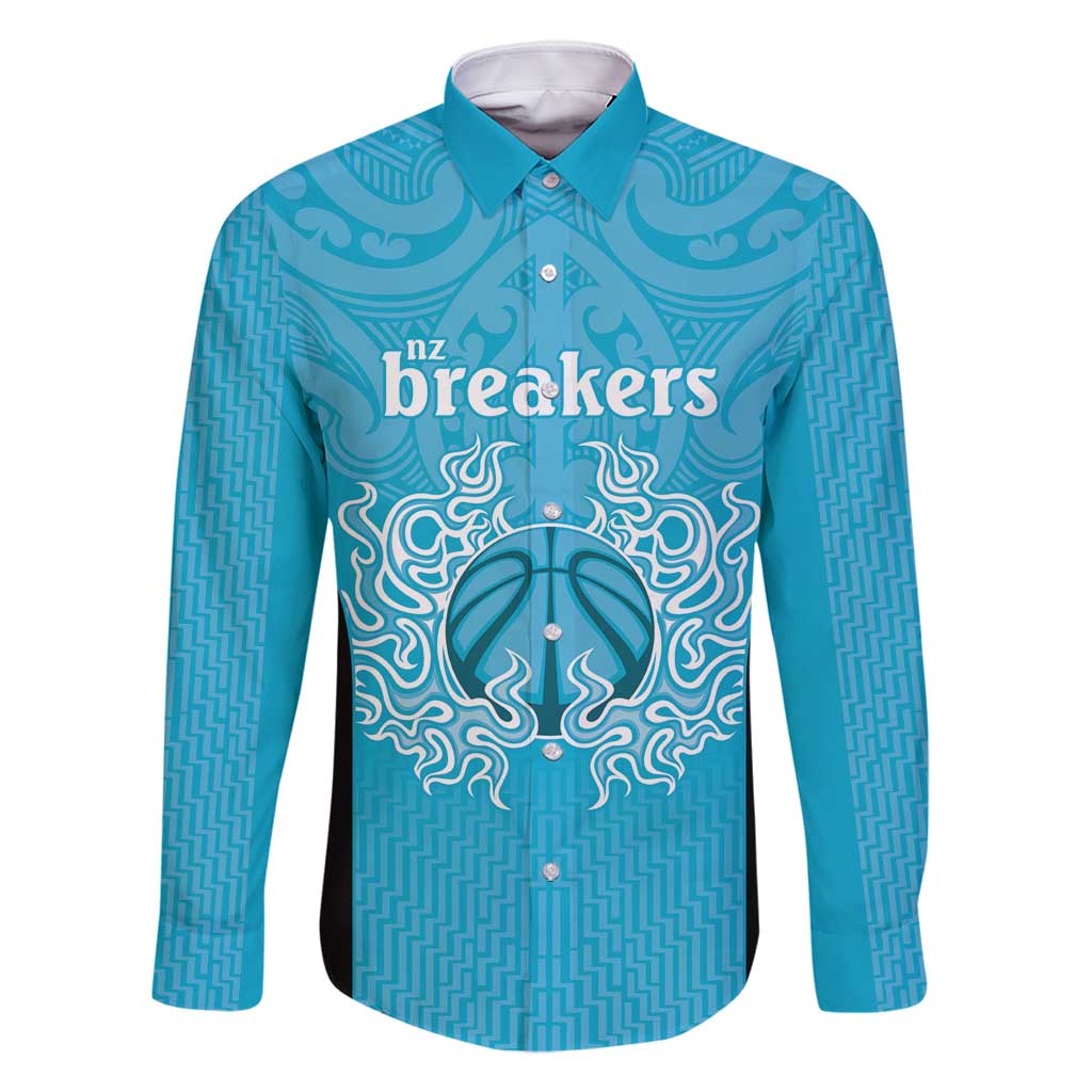 New Zealand Custom Family Matching Off Shoulder Short Dress and Hawaiian Shirt Fire Basketball Maori Tribal Sky Blue LT9 Dad's Shirt - Long Sleeve Blue - Polynesian Pride