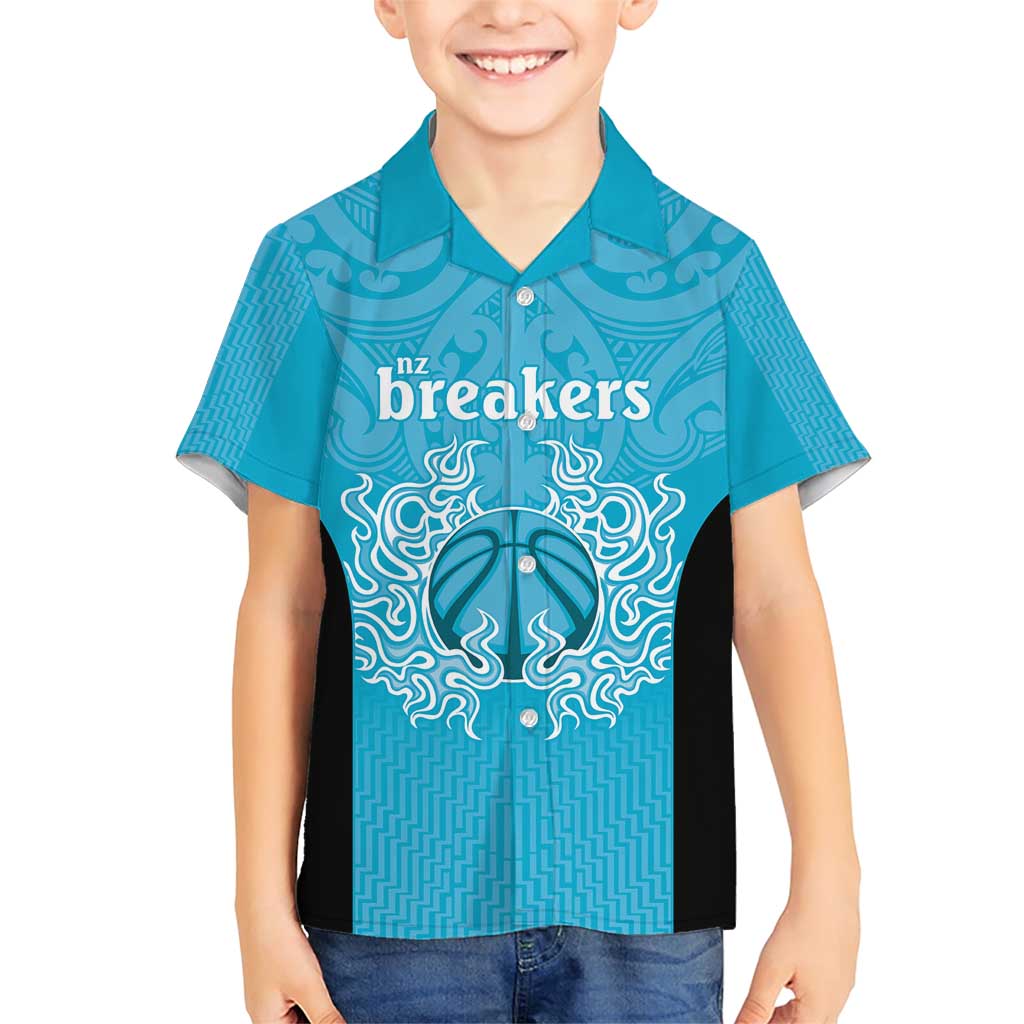 New Zealand Custom Family Matching Short Sleeve Bodycon Dress and Hawaiian Shirt Fire Basketball Maori Tribal Sky Blue LT9 Son's Shirt Blue - Polynesian Pride