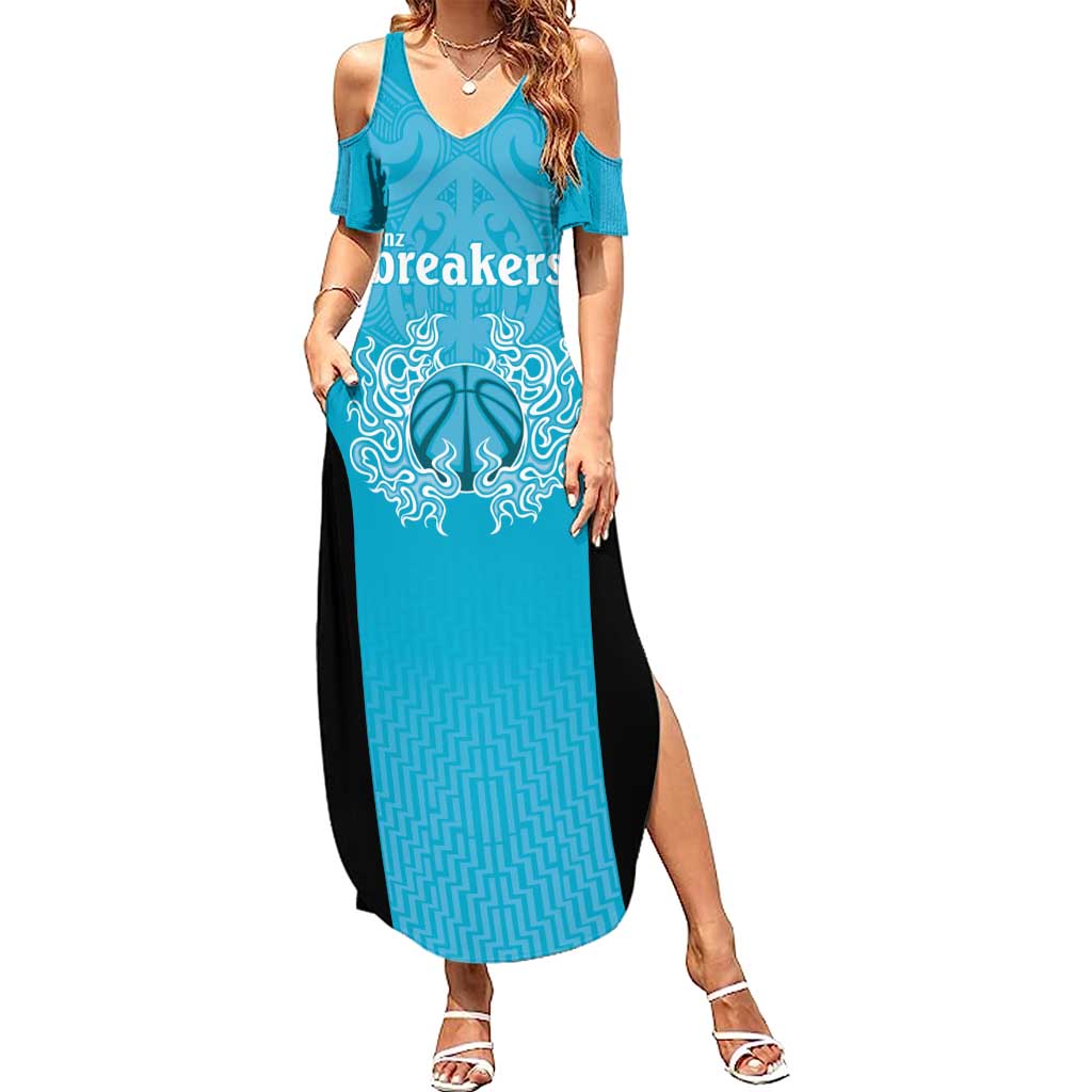 New Zealand Custom Family Matching Summer Maxi Dress and Hawaiian Shirt Fire Basketball Maori Tribal Sky Blue LT9 Mom's Dress Blue - Polynesian Pride