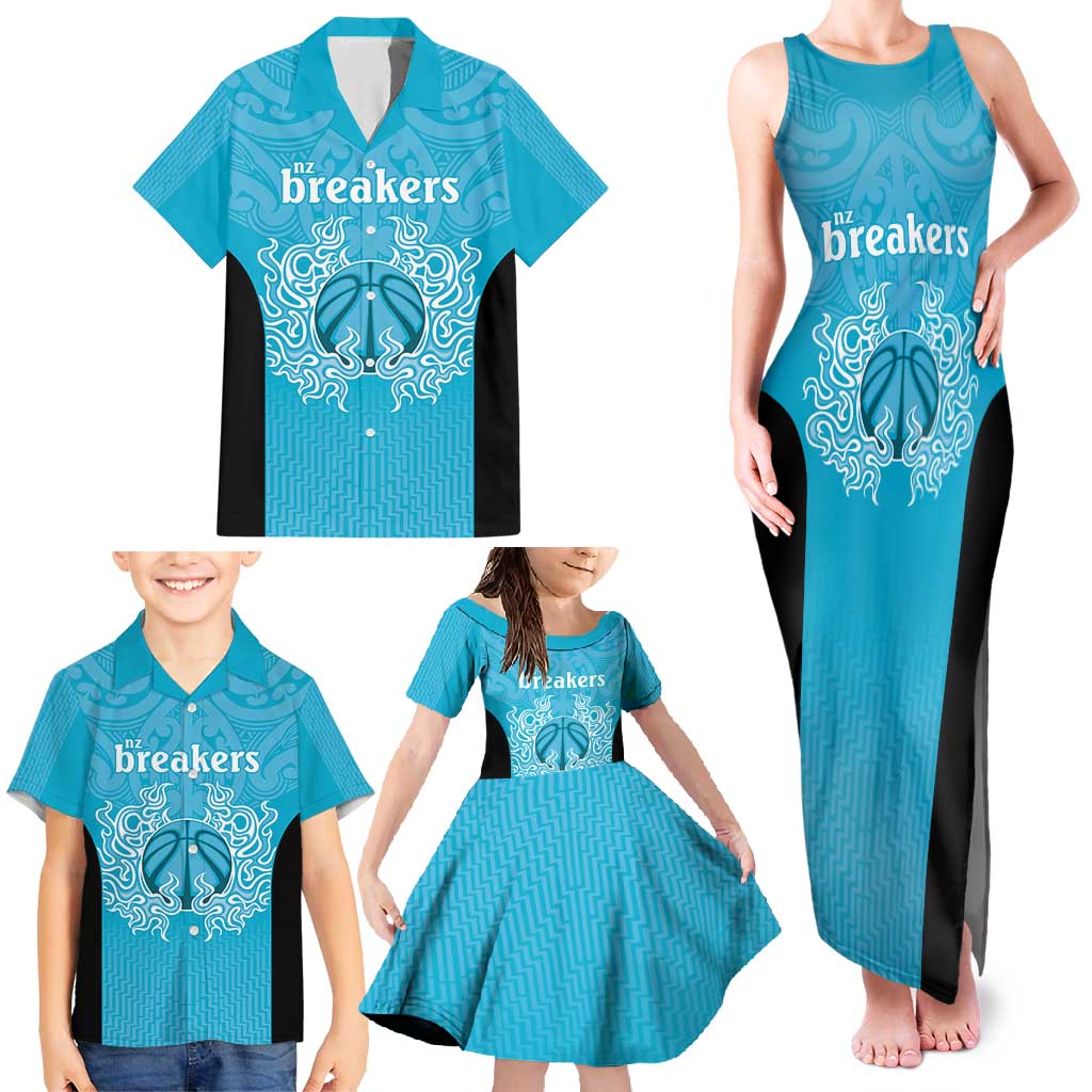 New Zealand Custom Family Matching Tank Maxi Dress and Hawaiian Shirt Fire Basketball Maori Tribal Sky Blue LT9 - Polynesian Pride