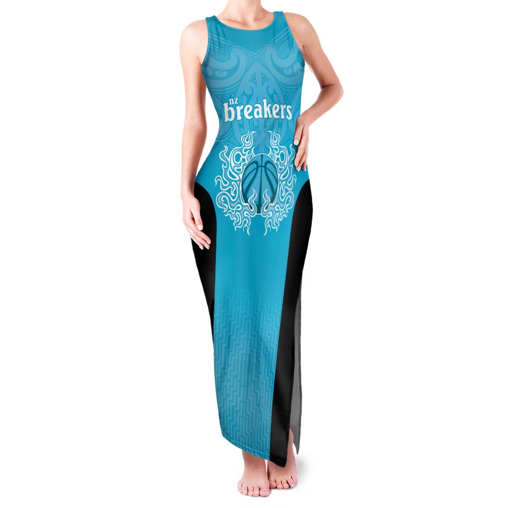 New Zealand Custom Family Matching Tank Maxi Dress and Hawaiian Shirt Fire Basketball Maori Tribal Sky Blue LT9 Mom's Dress Blue - Polynesian Pride