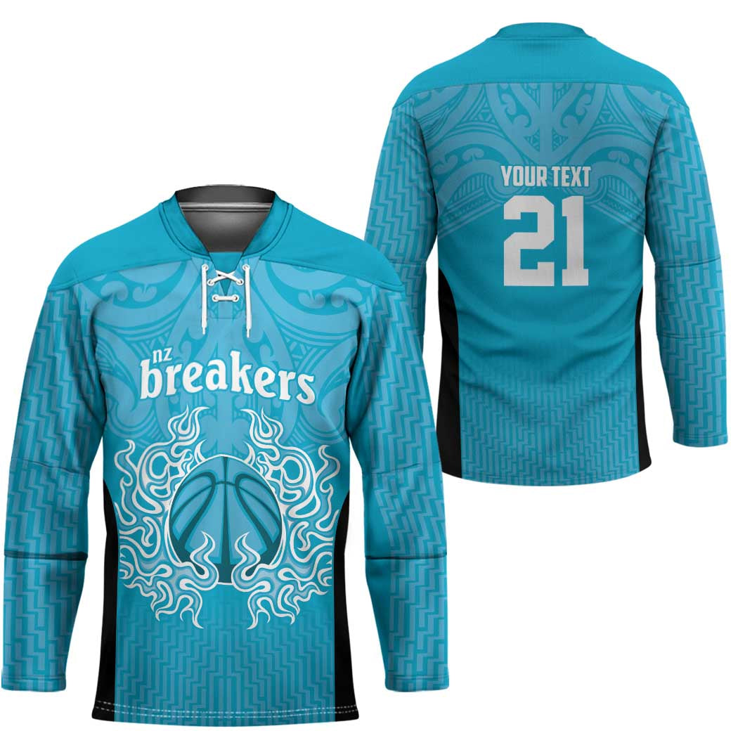 New Zealand Custom Hockey Jersey Fire Basketball Maori Tribal Sky Blue - Polynesian Pride