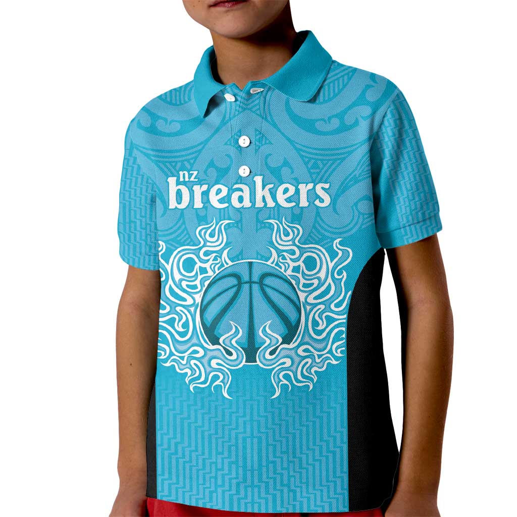 New Zealand Custom Kid Polo Shirt Fire Basketball Maori Tribal Sky Blue - Polynesian Pride