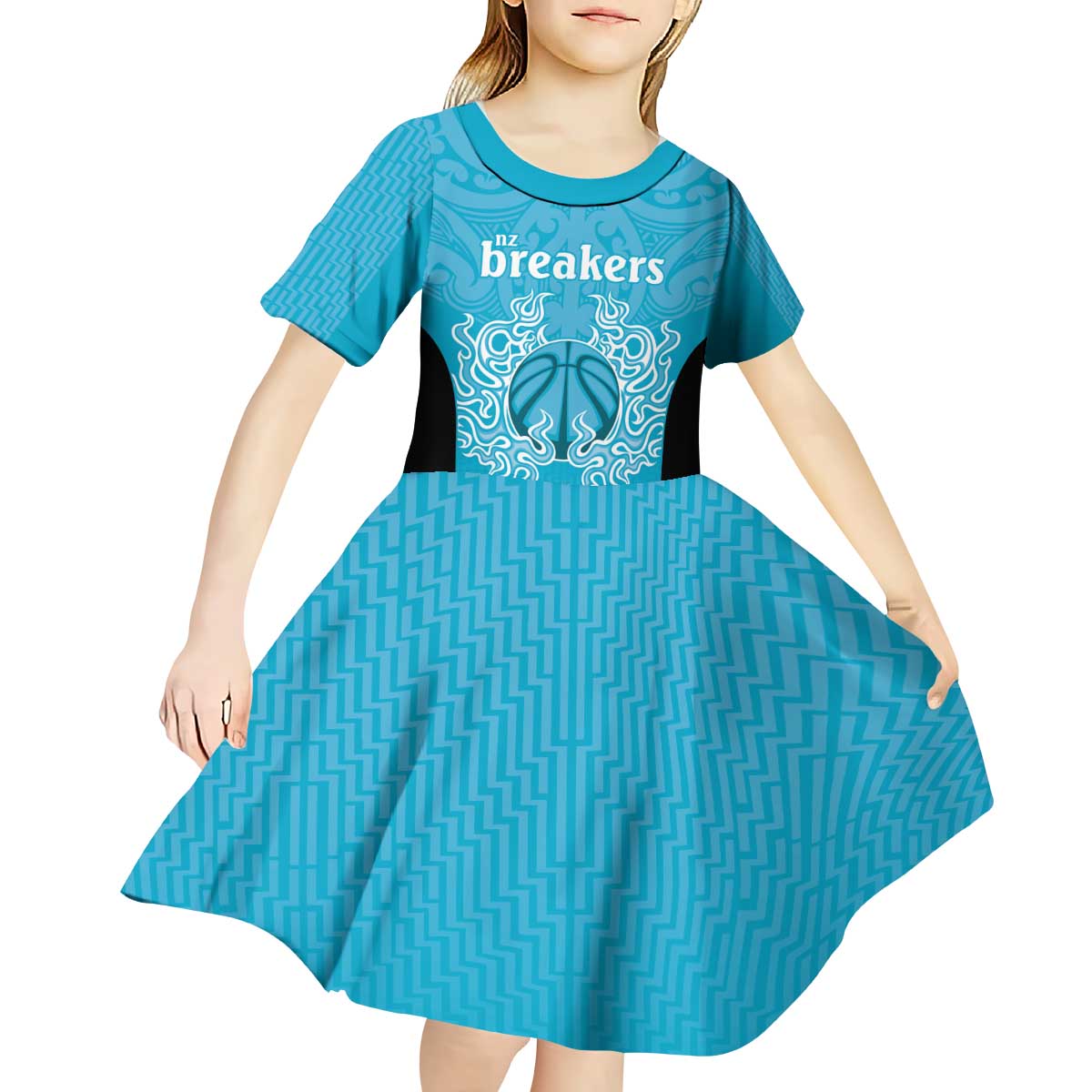 New Zealand Custom Kid Short Sleeve Dress Fire Basketball Maori Tribal Sky Blue - Polynesian Pride