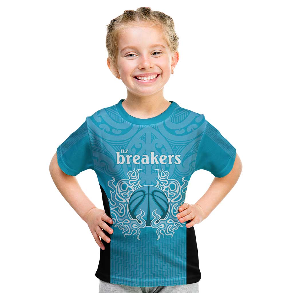 New Zealand Custom Kid T Shirt Fire Basketball Maori Tribal Sky Blue - Polynesian Pride