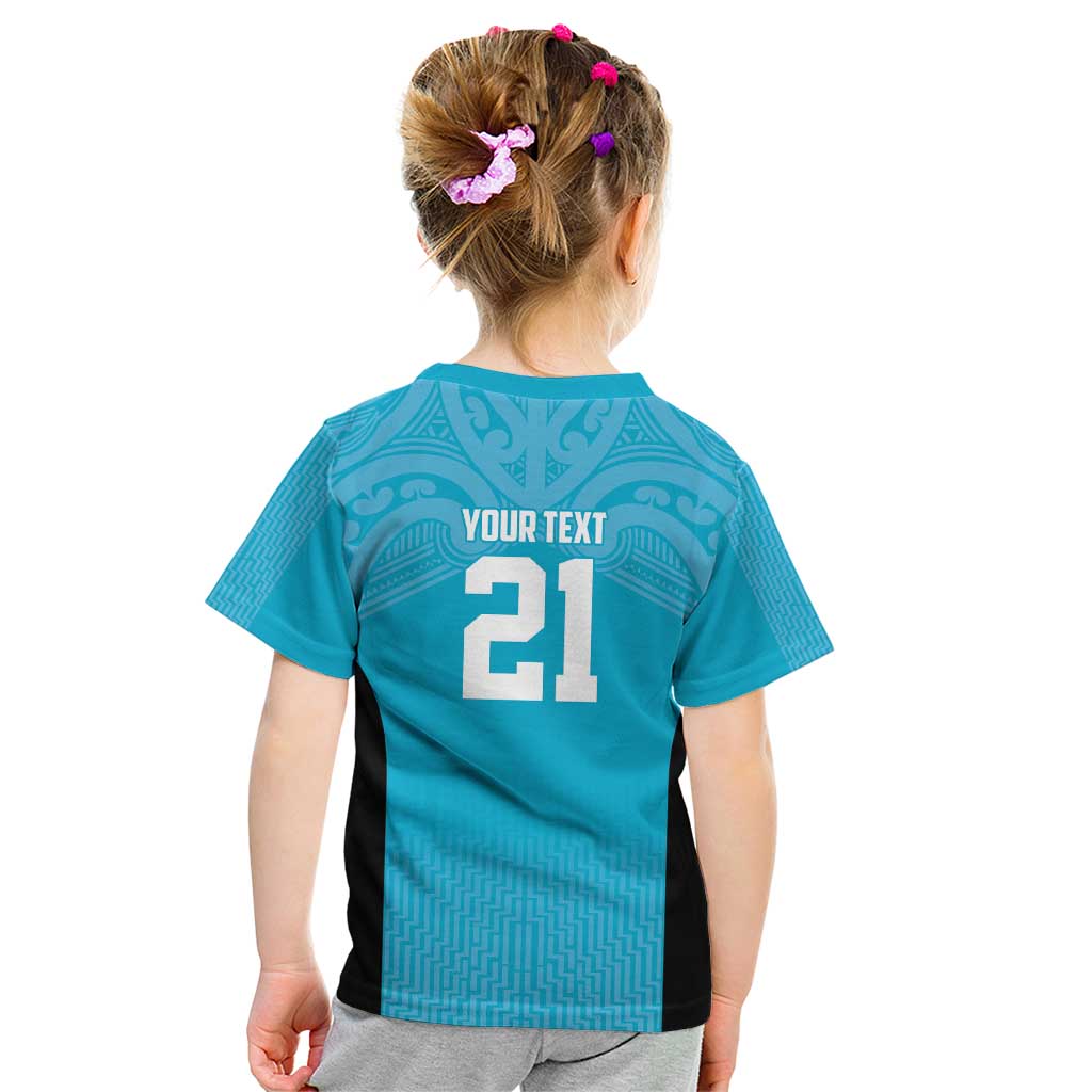 New Zealand Custom Kid T Shirt Fire Basketball Maori Tribal Sky Blue - Polynesian Pride