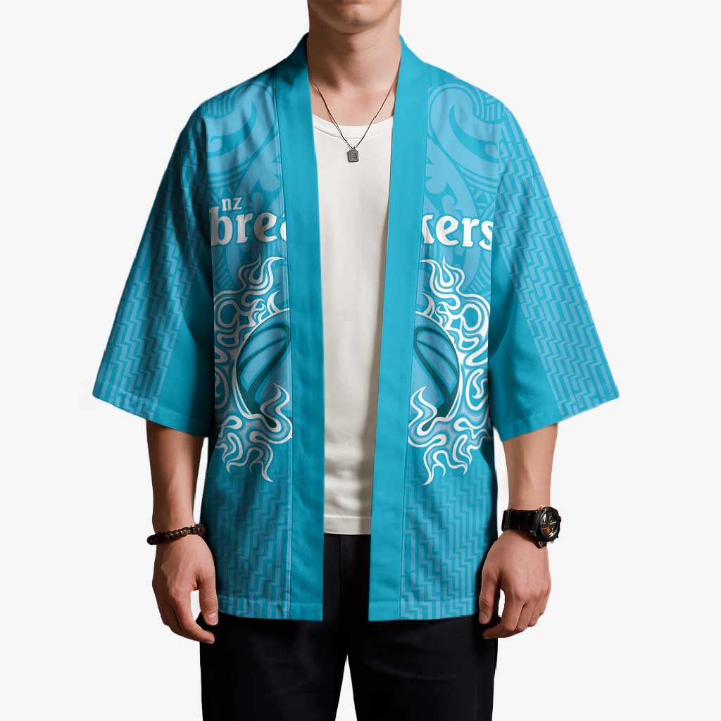 New Zealand Custom Kimono Fire Basketball Maori Tribal Sky Blue - Polynesian Pride