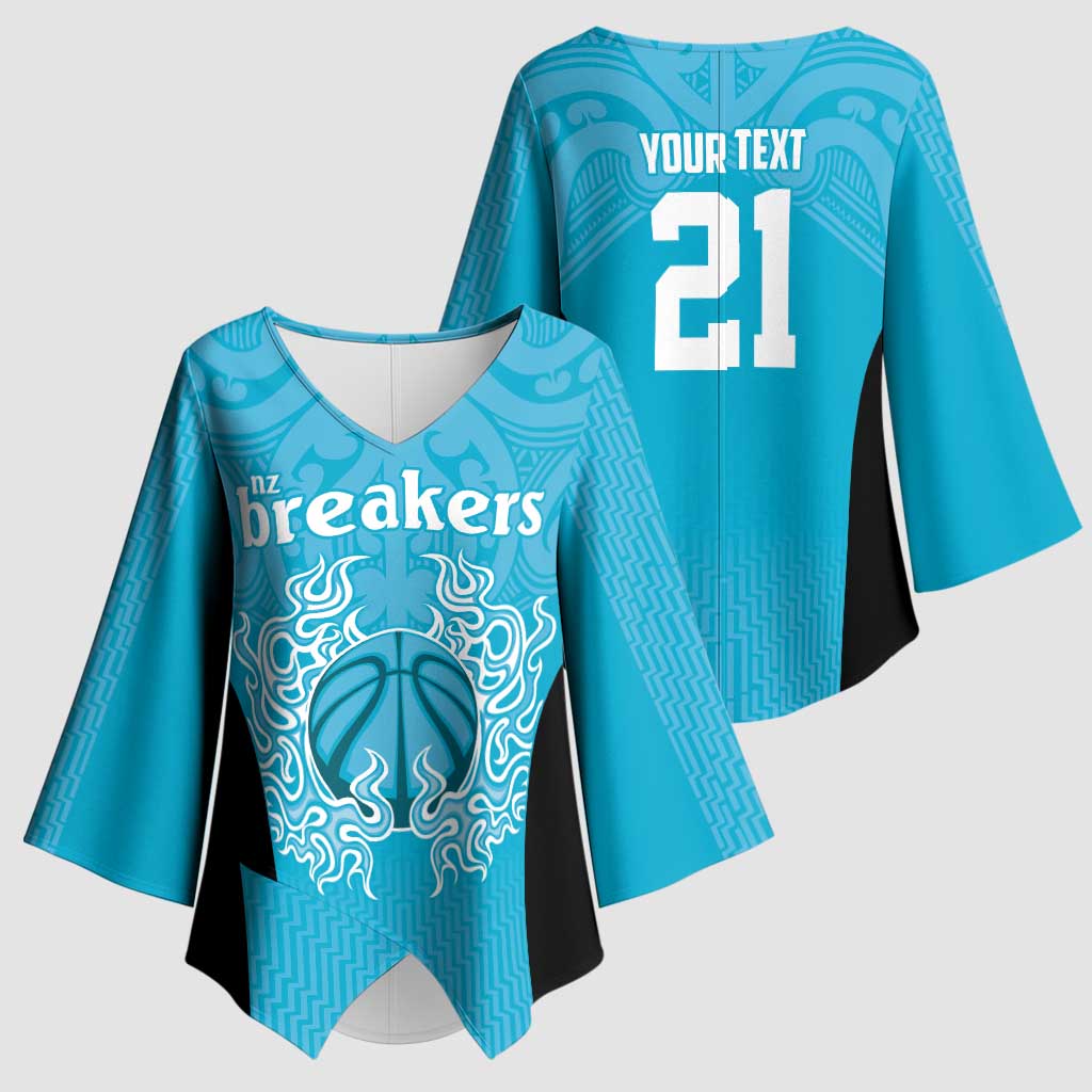 New Zealand Custom Kimono Sleeve Blouse Fire Basketball Maori Tribal Sky Blue - Polynesian Pride