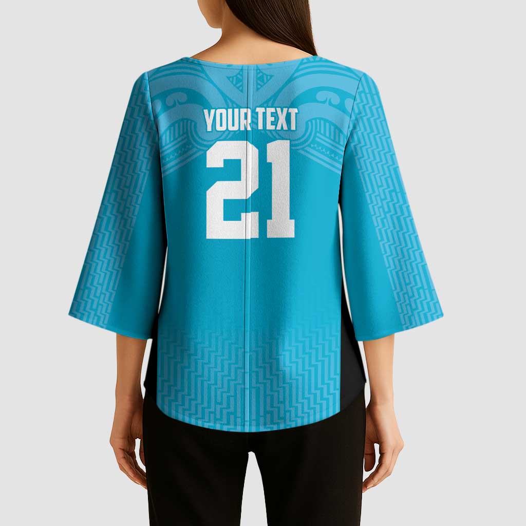 New Zealand Custom Kimono Sleeve Blouse Fire Basketball Maori Tribal Sky Blue - Polynesian Pride