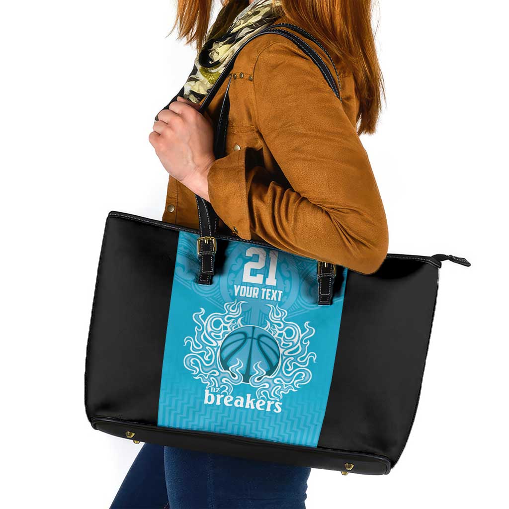 New Zealand Custom Leather Tote Bag Fire Basketball Maori Tribal Sky Blue - Polynesian Pride