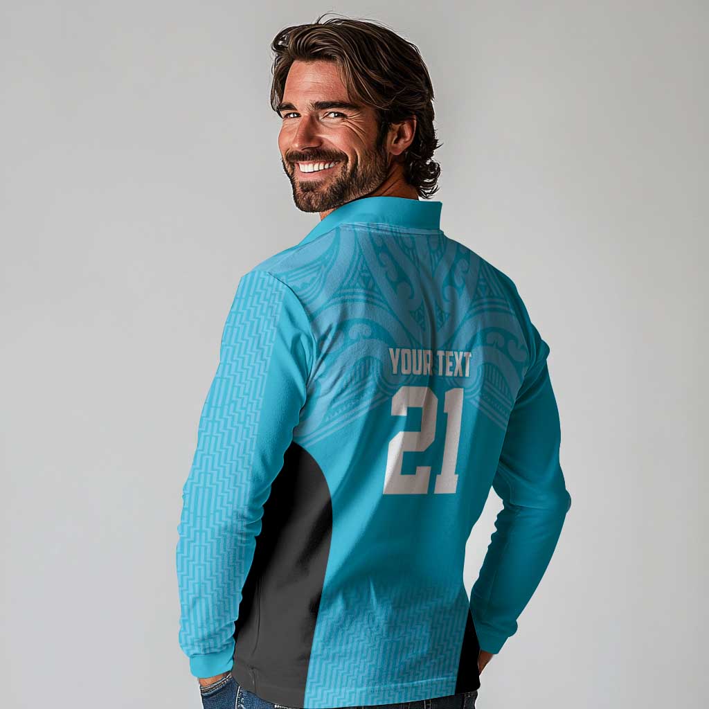 New Zealand Custom Long Sleeve Polo Shirt Fire Basketball Maori Tribal Sky Blue - Polynesian Pride
