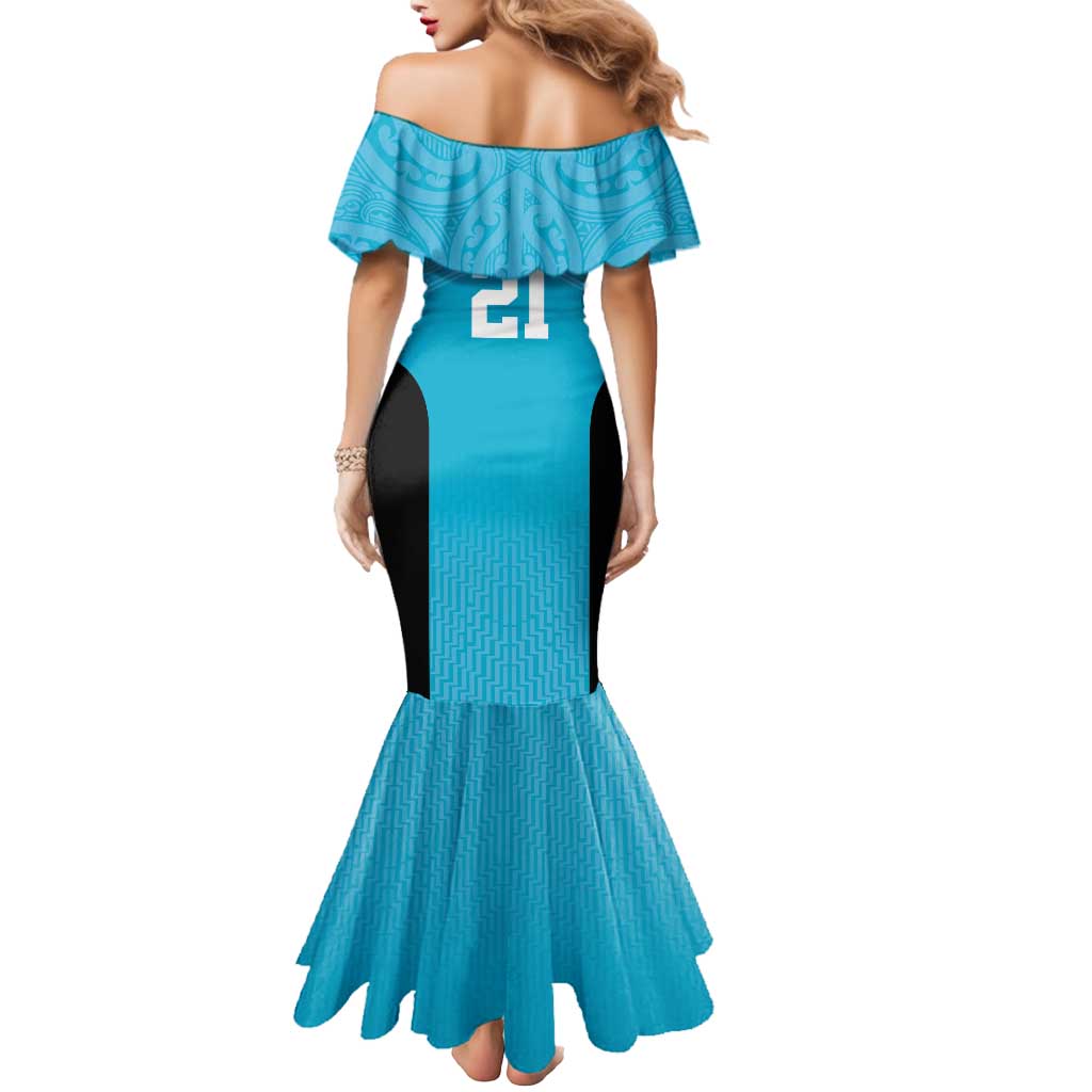 New Zealand Custom Mermaid Dress Fire Basketball Maori Tribal Sky Blue - Polynesian Pride