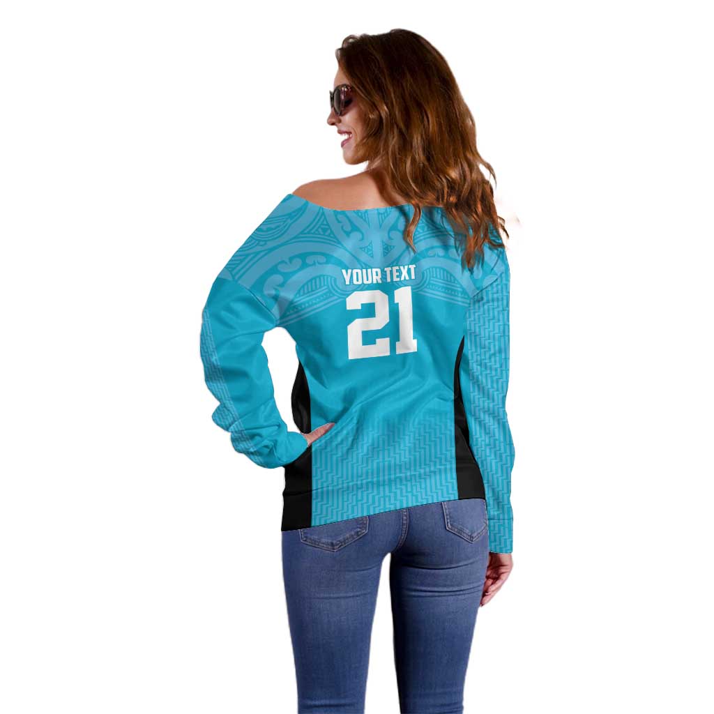New Zealand Custom Off Shoulder Sweater Fire Basketball Maori Tribal Sky Blue - Polynesian Pride