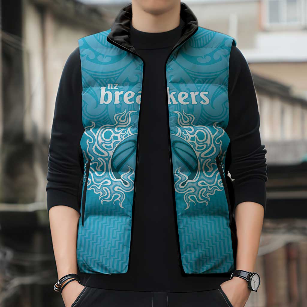 New Zealand Custom Sleeveless Puffer Jacket Fire Basketball Maori Tribal Sky Blue - Polynesian Pride