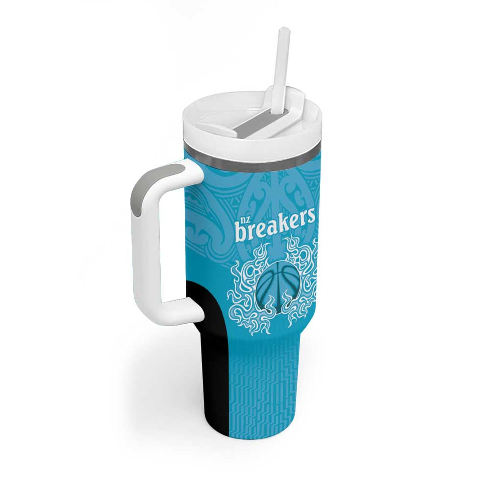 New Zealand Custom Tumbler With Handle Fire Basketball Maori Tribal Sky Blue - Polynesian Pride