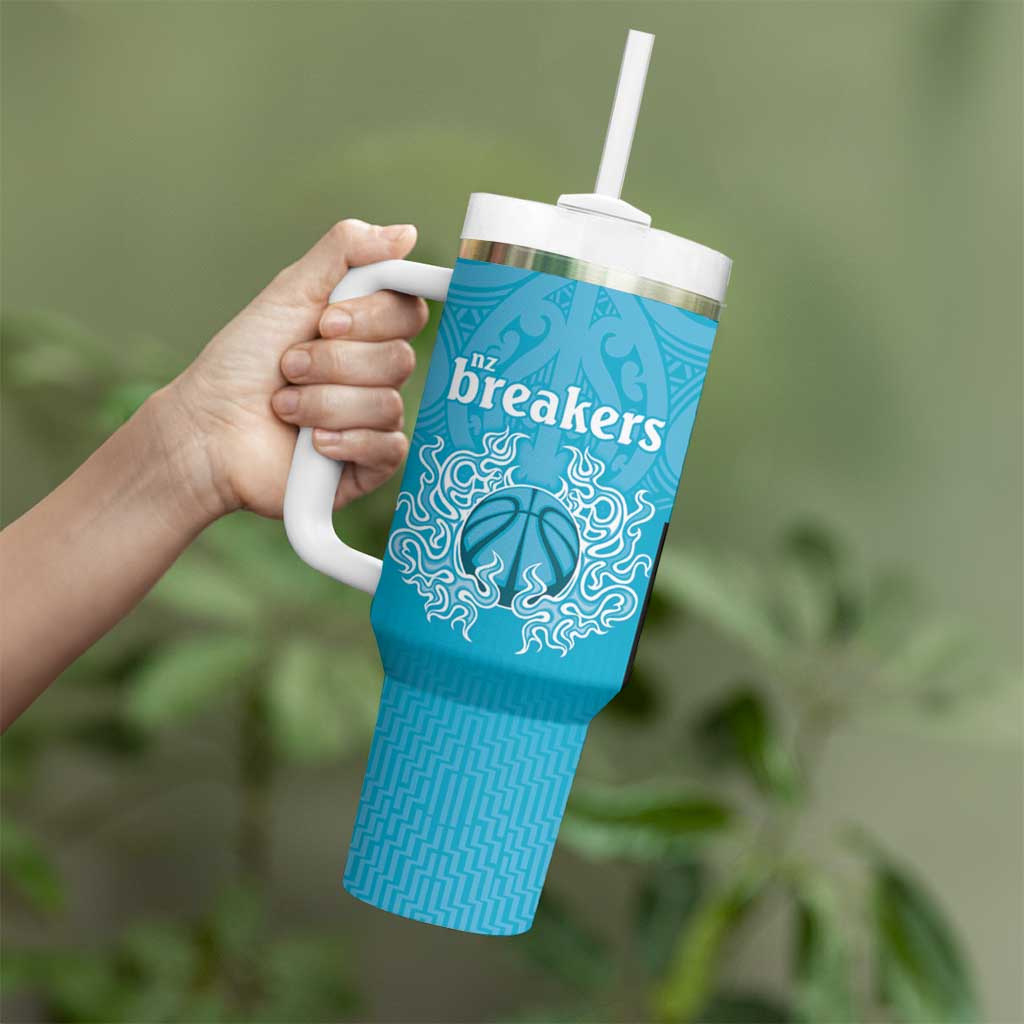 New Zealand Custom Tumbler With Handle Fire Basketball Maori Tribal Sky Blue - Polynesian Pride