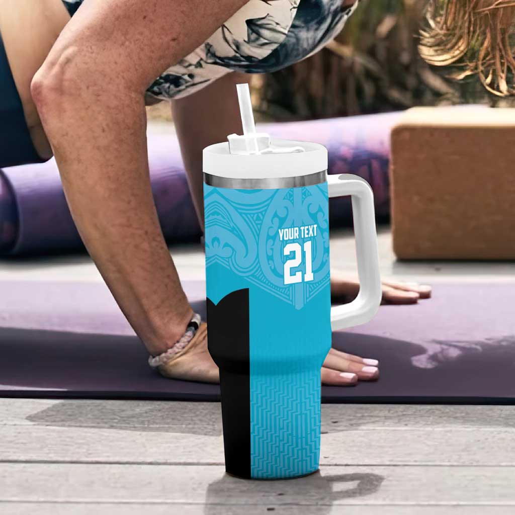 New Zealand Custom Tumbler With Handle Fire Basketball Maori Tribal Sky Blue - Polynesian Pride