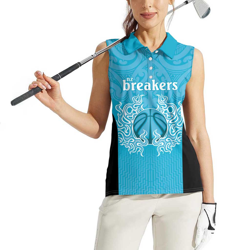 New Zealand Custom Women Sleeveless Polo Shirt Fire Basketball Maori Tribal Sky Blue LT9 - Polynesian Pride