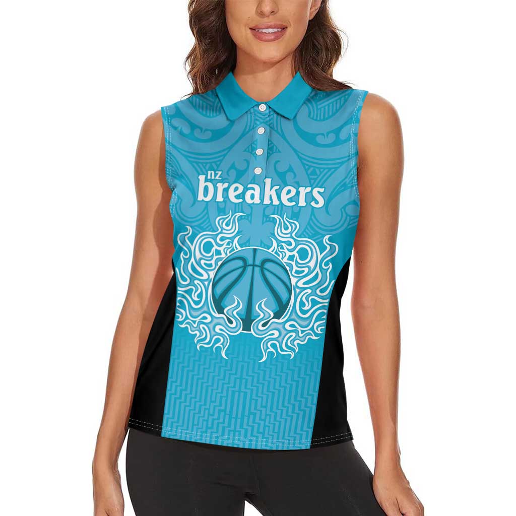 New Zealand Custom Women Sleeveless Polo Shirt Fire Basketball Maori Tribal Sky Blue LT9 - Polynesian Pride