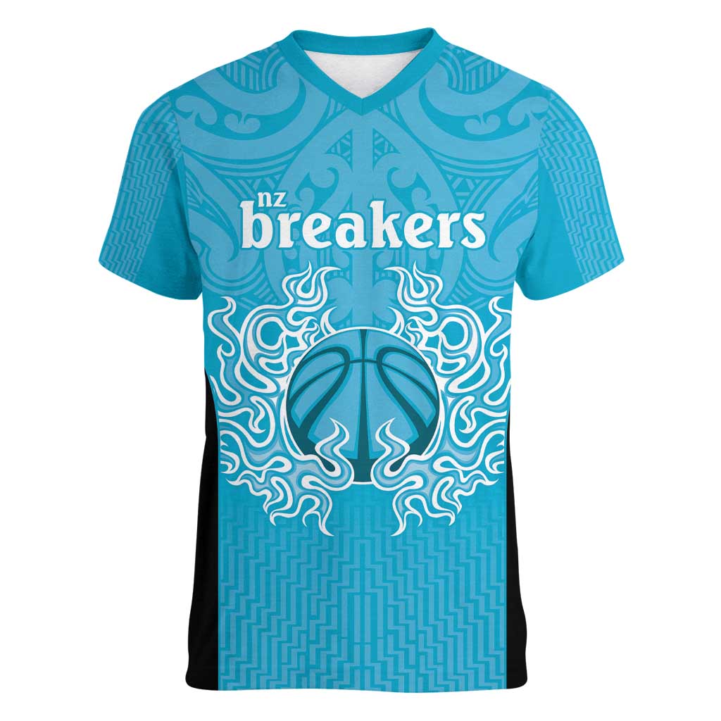 New Zealand Custom Women V-Neck T-Shirt Fire Basketball Maori Tribal Sky Blue LT9 Female Blue - Polynesian Pride