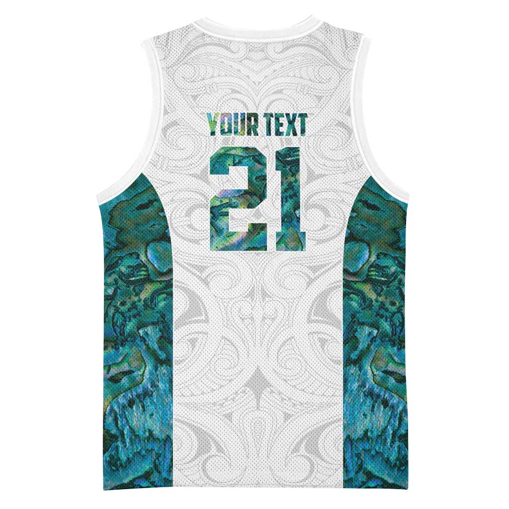 Custom New Zealand Aotearoa Basketball Jersey Green Maori Paua Shell Indigenous - Polynesian Pride