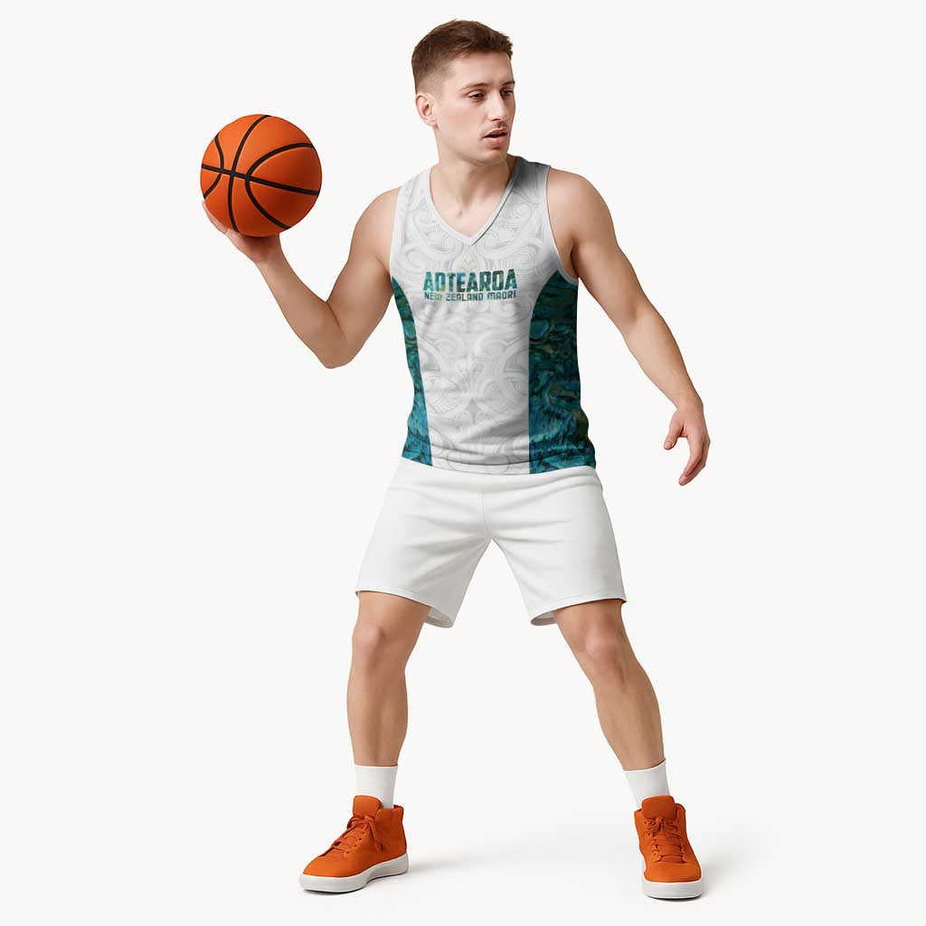 Custom New Zealand Aotearoa Basketball Jersey Green Maori Paua Shell Indigenous - Polynesian Pride