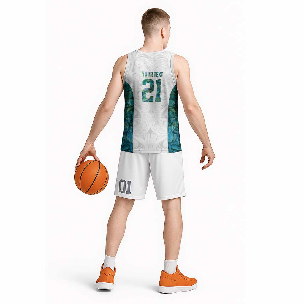 Custom New Zealand Aotearoa Basketball Jersey Green Maori Paua Shell Indigenous - Polynesian Pride