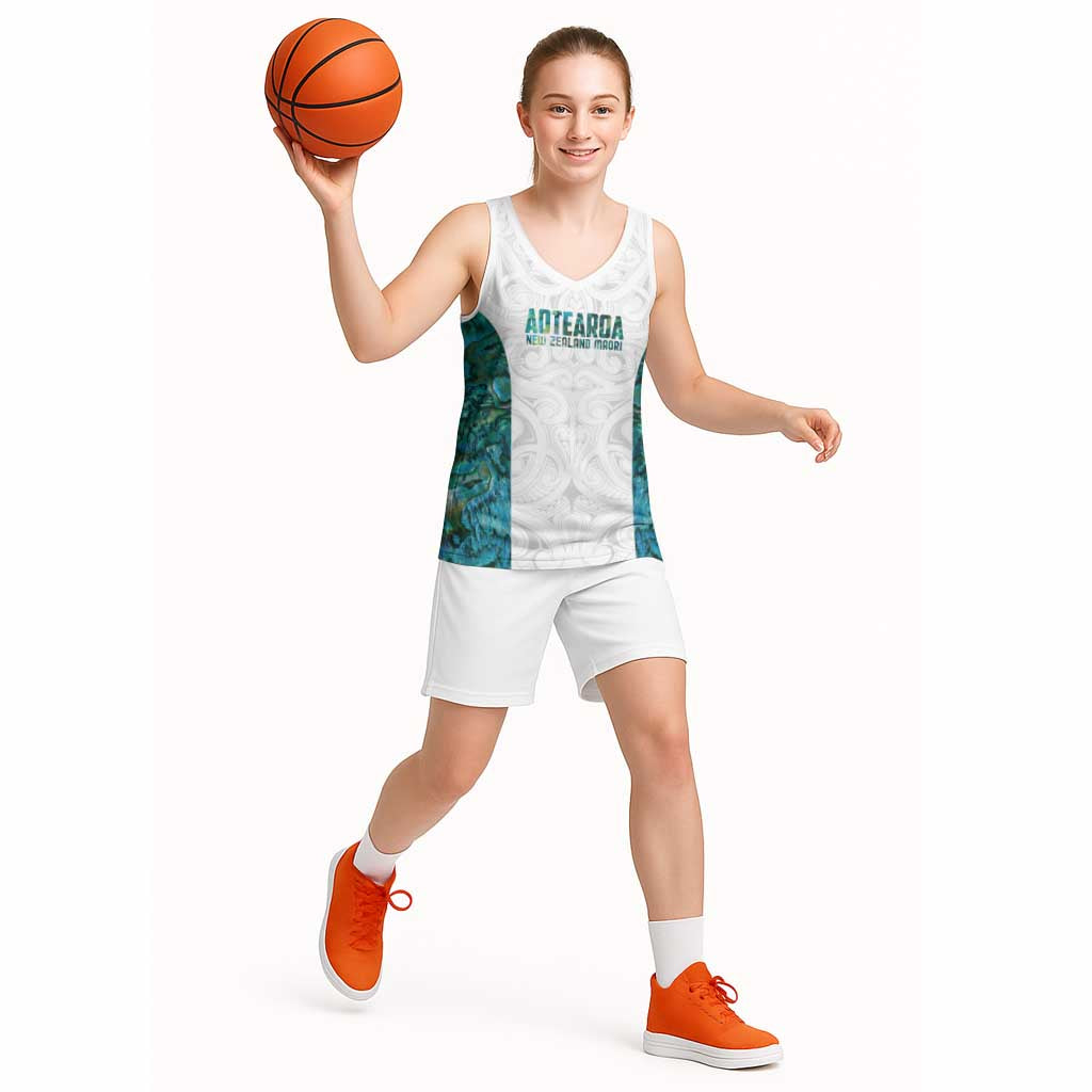 Custom New Zealand Aotearoa Basketball Jersey Green Maori Paua Shell Indigenous - Polynesian Pride